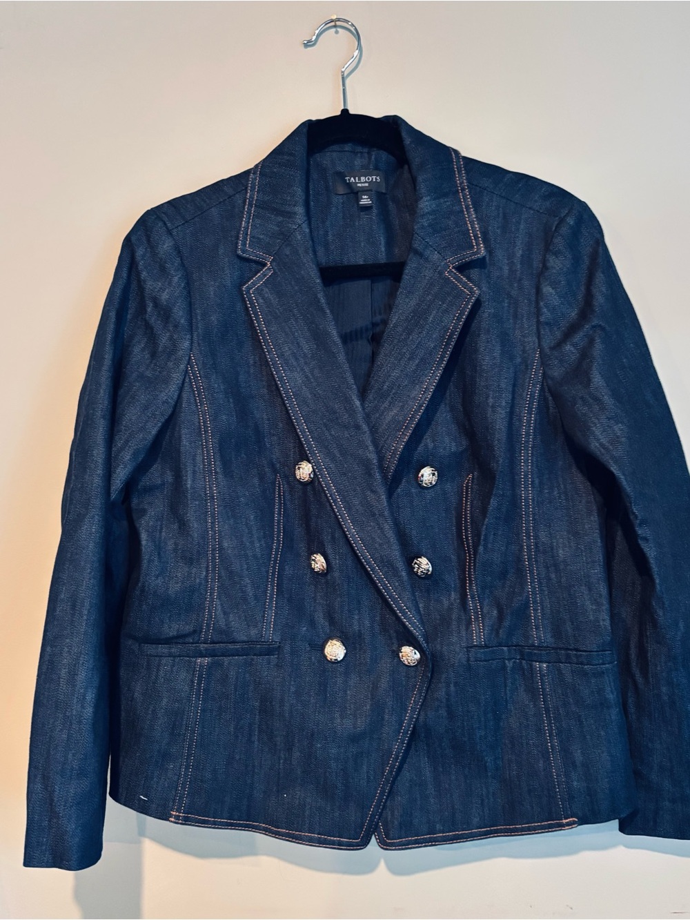 Talbots Dark Blue Denim Double-Breasted Blazer with Contrast Stitching
